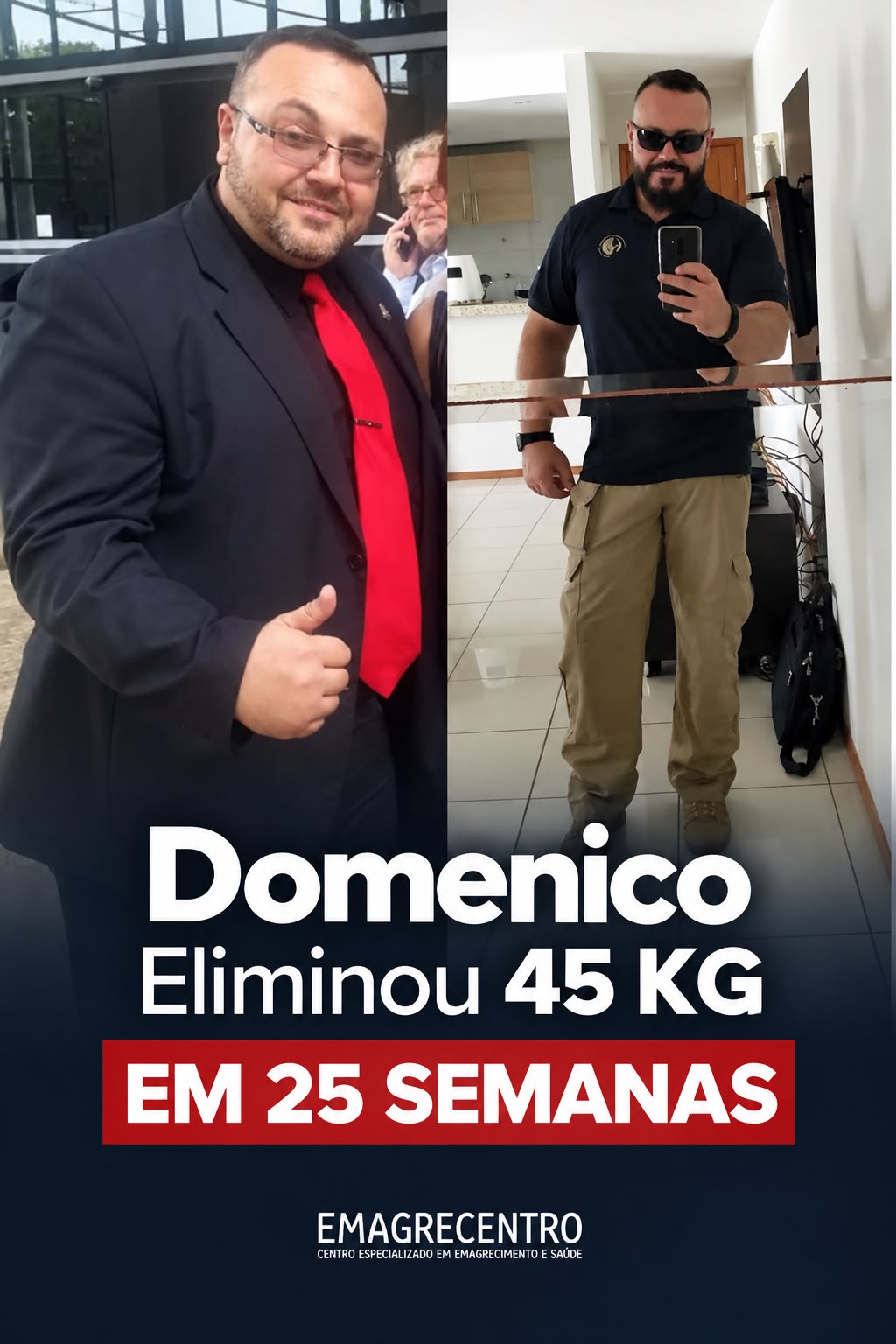 Domenico segurando plaquinha de resultado: eliminou 45 kg na Emagrecentro Natal