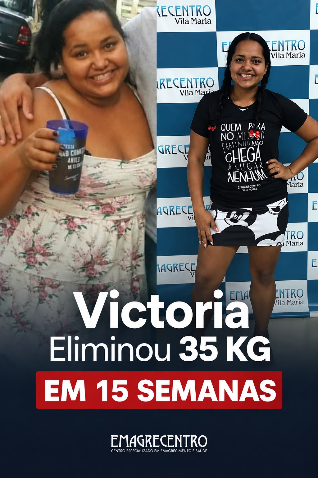 Victoria segurando plaquinha de resultado: eliminou 35 kg na Emagrecentro Natal